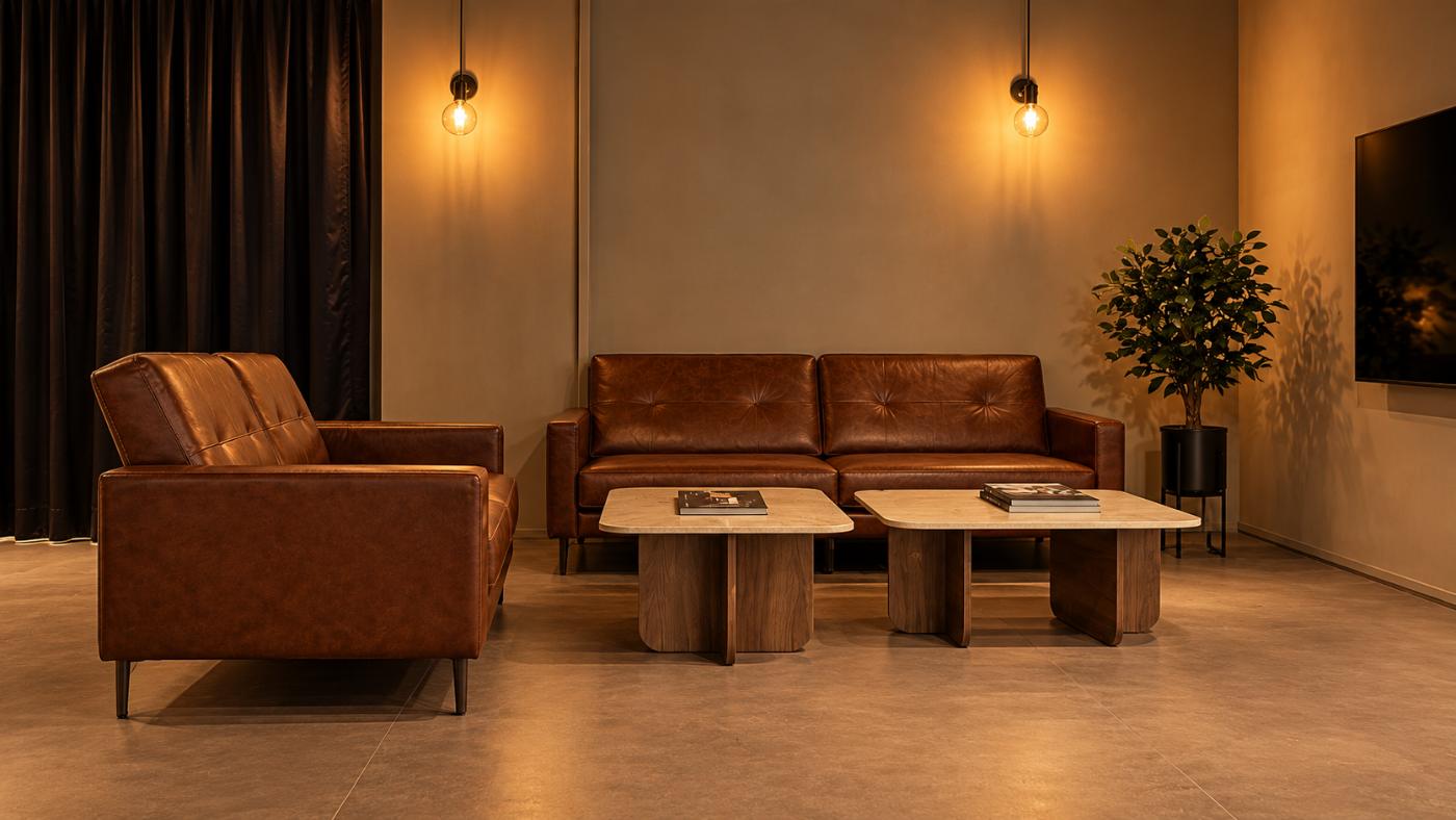Lounge mit Ledersofas bei Élysée in Steyr